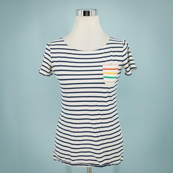 Boden Size 2 Breton Multicolor Stripe Crew Neck Short Sleeve 100% Cotton Top Tee - Picture 1 of 7